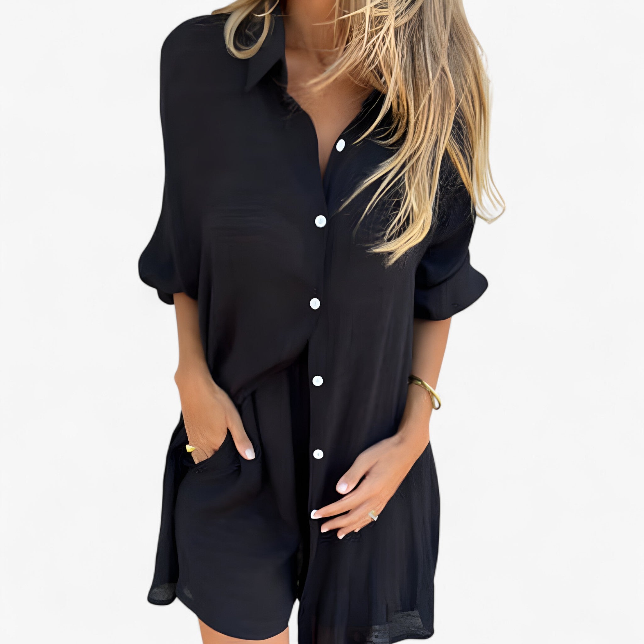 Completo Donna Estivo in Cotone e Lino, Elegante 2 Pezzi Casual - Nero - abbigliamento estivo completo completo da donna completo donna completo elegante cotone donna lino look rilassato maglietta a maniche lunghe outfit casual outfit sets pantaloni corti set in cotone e lino stile versatile vestibilità comoda - Concept Palermo