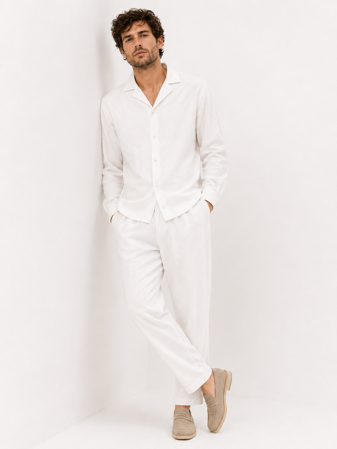 Completo Uomo Casual Estivo in Cotone - Camicia e Pantaloni Leggeri Due Pezzi - Bianco - ademend broek set casual chic comfortabel completo lino cubaanse kraag dagelijks gebruik heren mode heren overhemd heren set lente zomer lichtgewicht linnen overhemd linnen set linnenset losse pasvorm luchtig minimalistisch overhemd set relaxte pasvorm set uomo smart casual stile estivo strand stijl tijdloos vakantie stijl veelzijdig zomer overhemd zomer set zomers - Concept Palermo