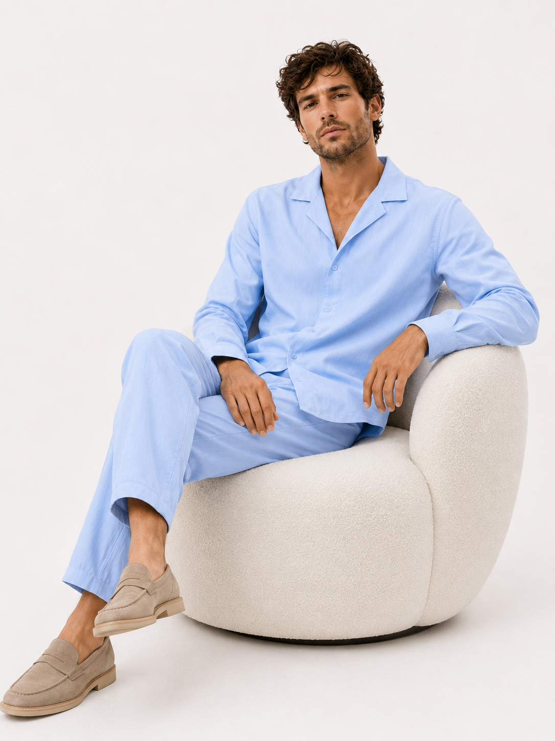 Completo Uomo Casual Estivo in Cotone - Camicia e Pantaloni Leggeri Due Pezzi - Azzurro - ademend broek set casual chic comfortabel completo lino cubaanse kraag dagelijks gebruik heren mode heren overhemd heren set lente zomer lichtgewicht linnen overhemd linnen set linnenset losse pasvorm luchtig minimalistisch overhemd set relaxte pasvorm set uomo smart casual stile estivo strand stijl tijdloos vakantie stijl veelzijdig zomer overhemd zomer set zomers - Concept Palermo