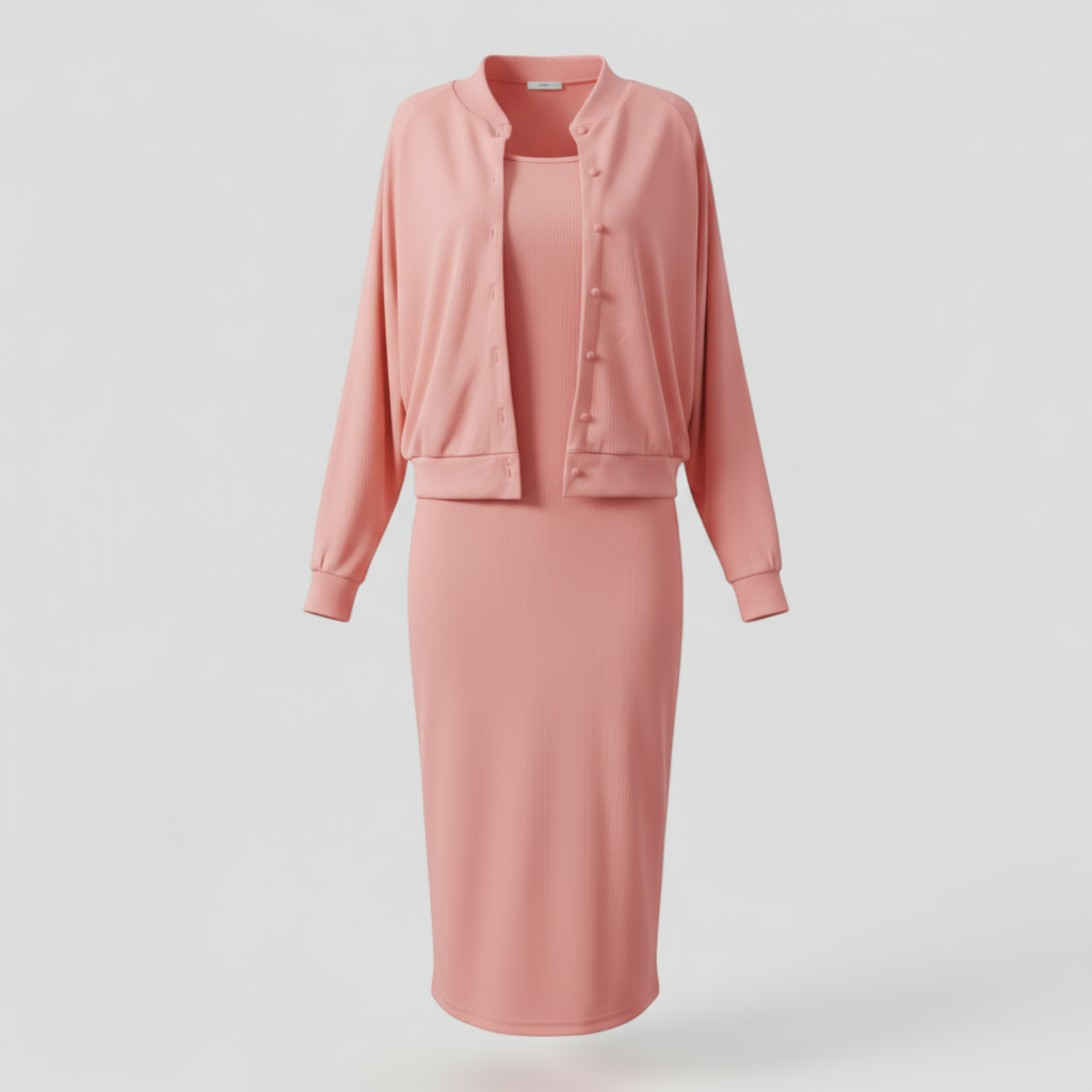 Abito Midi con Cardigan Abbinato Donna - Rosa - abbigliamento casual abbinato abito abito midi abito versatile cardigan cardigan elegante donna midi moda femminile outfit formale outfit sets stile comodo tessuto di alta qualità - Concept Palermo