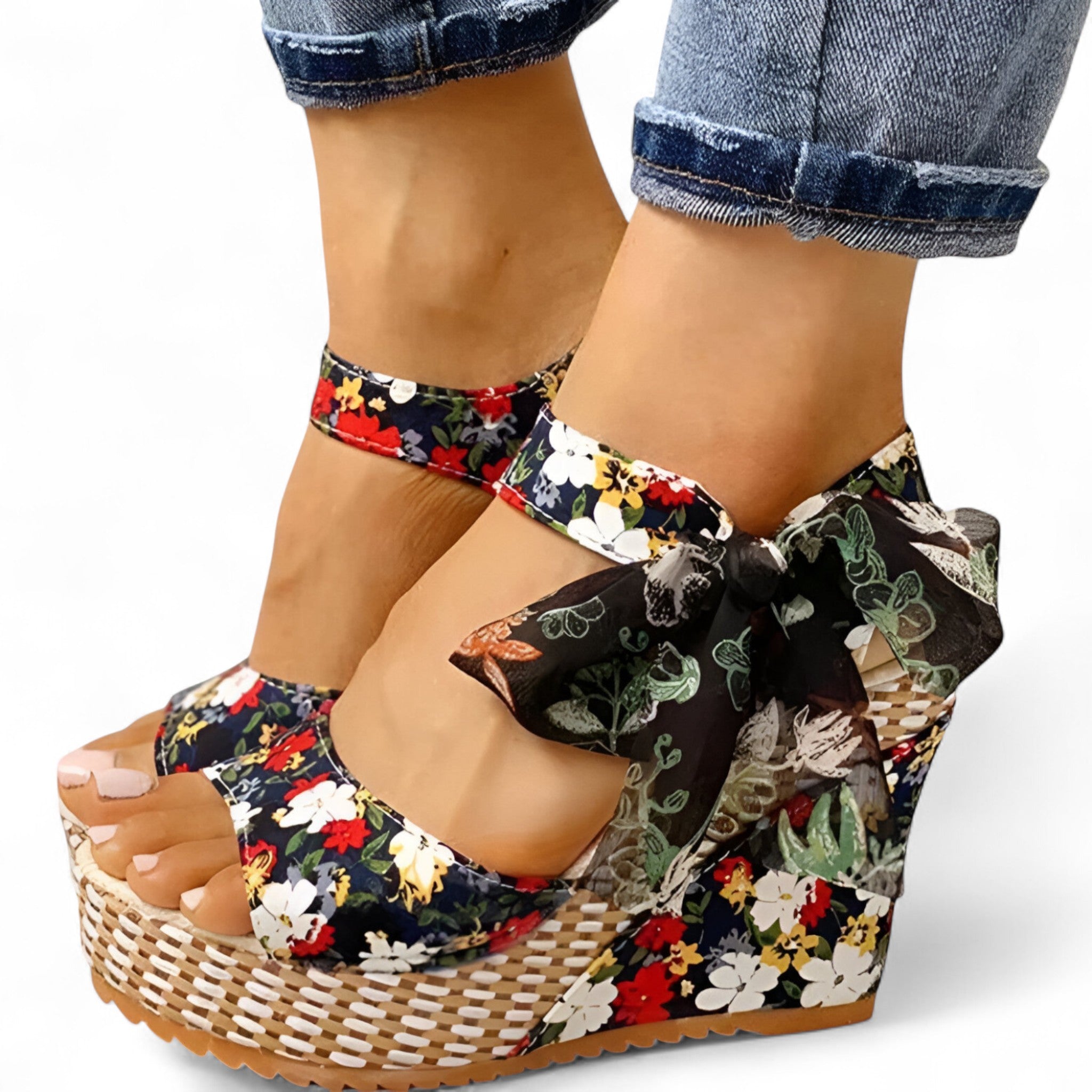 Sandalias florales cómodas para mujer en piel con cuña baja