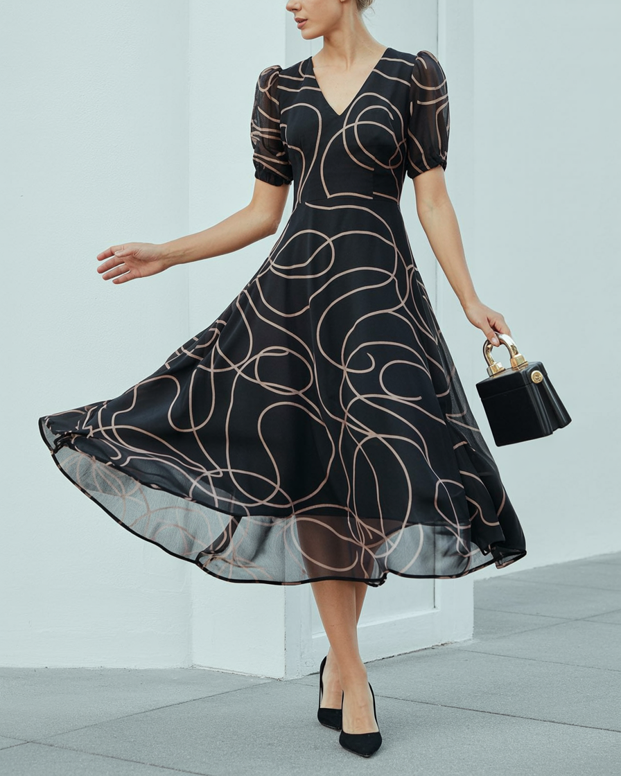 Abito Midi Fluttuante Donna - - abito abito alla moda abito casual da donna abito comodo per ogni occasione abito con cintura regolabile abito con spacco laterale abito fluttuante abito midi abito midi elegante abito V-ausschnitt donna dresses fluttuante midi vestito estivo nero vestito versatile - Concept Palermo