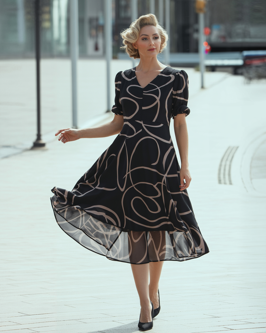 Abito Midi Fluttuante Donna - Nero - abito abito alla moda abito casual da donna abito comodo per ogni occasione abito con cintura regolabile abito con spacco laterale abito fluttuante abito midi abito midi elegante abito V-ausschnitt donna dresses fluttuante midi vestito estivo nero vestito versatile - Concept Palermo