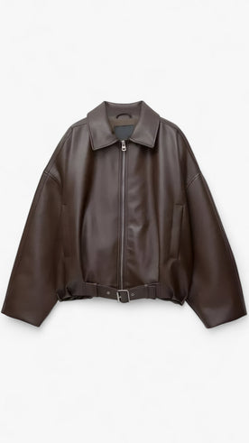 Giacca Donna in Pelle Corta Nera con Cintura - Stile Studio - Marrone XS - black jacket brown jacket cintura corta giacca giacca pelle jacket Linen pelle Solid studio Women women's coats & jackets - Concept Palermo