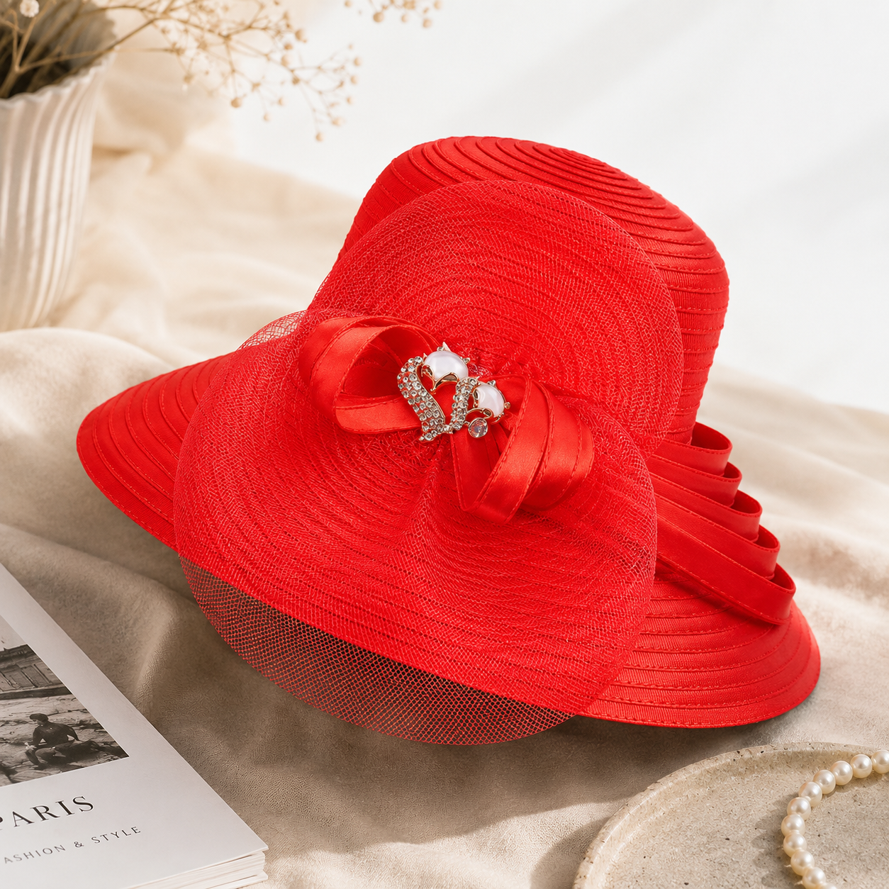Fascinator Donna Elegante Raso Tesa Larga per Matrimonio e Cerimonie Speciali - Rosso 56 fino a 58cm - bordo cappello cappello festa festa hat Hat for girls largo nuziale satin sun hat Sun Hats women hat women's hat - Concept Palermo