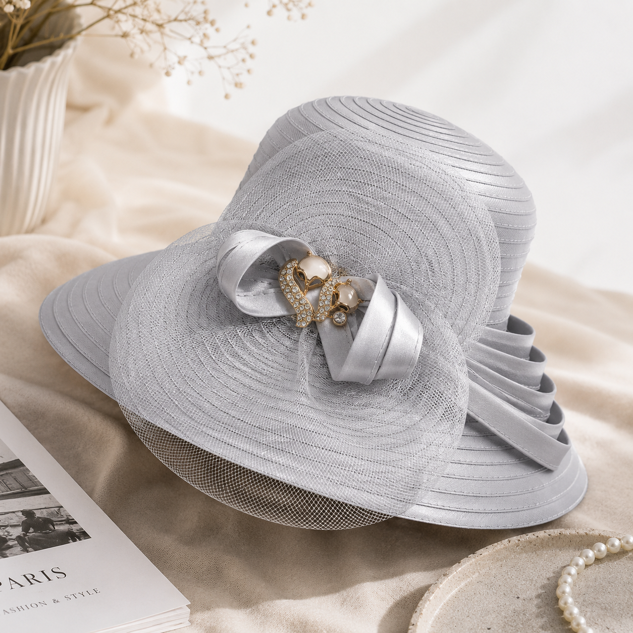 Fascinator Donna Elegante Raso Tesa Larga per Matrimonio e Cerimonie Speciali - Bianco 56 fino a 58cm - bordo cappello cappello festa festa hat Hat for girls largo nuziale satin sun hat Sun Hats women hat women's hat - Concept Palermo
