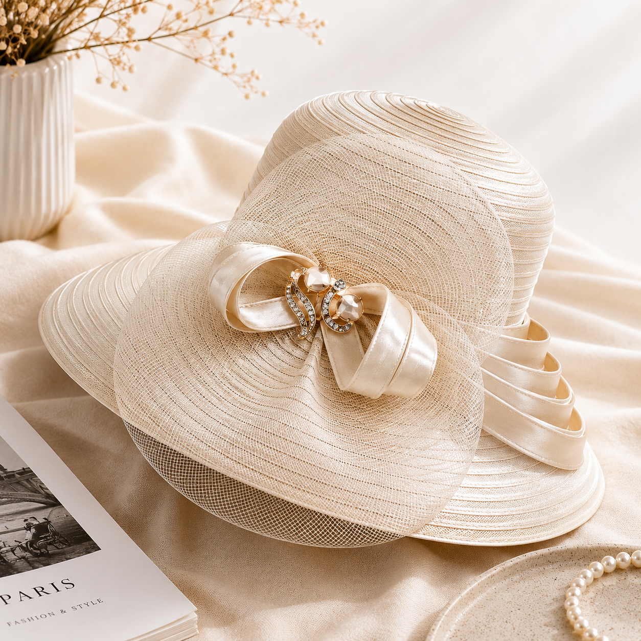 Fascinator Donna Elegante Raso Tesa Larga per Matrimonio e Cerimonie Speciali - Champagne 56 fino a 58cm - bordo cappello cappello festa festa hat Hat for girls largo nuziale satin sun hat Sun Hats women hat women's hat - Concept Palermo