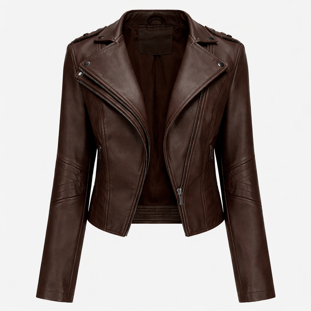 Giacca Biker Donna Nera in Poliestere - Stile Moto Elegante e Confortevole - Caffè - collo collo alto donna giacca giacca asimmetrica giacca casual giacca da donna giacca elegante giacca in pelle giacca inverno giacca nera giacca pelle giacche da donna moda donna nera pelle pelle nera stile motociclista - Concept Palermo