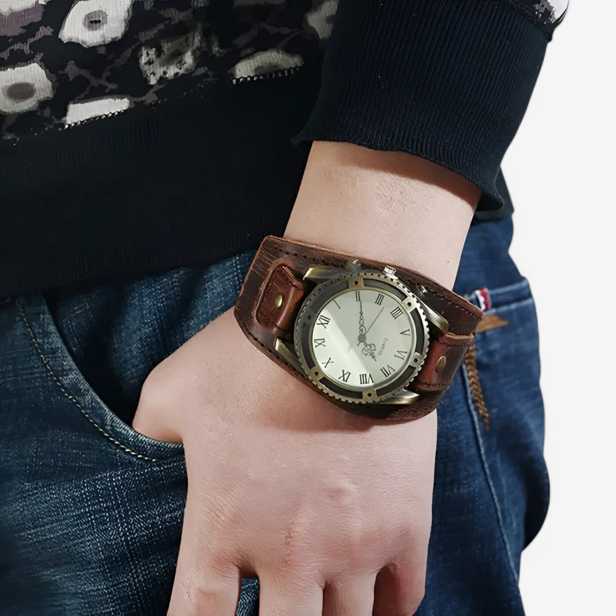Orologio Uomo Vintage in Pelle Marrone, Quadrante Numeri Romani Classico - - accessoires horloges numeri orologio orologio vintage pelle romani vintage watches - Concept Palermo