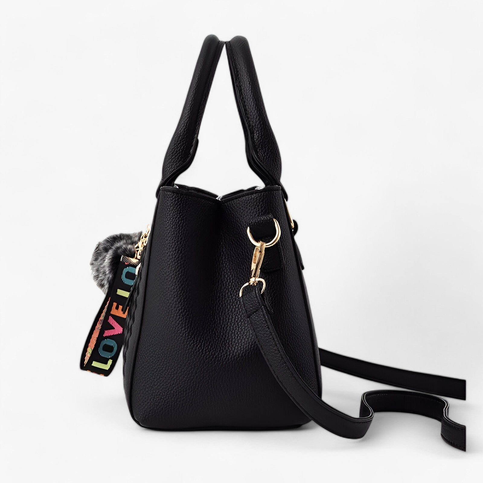 Borsa Messenger Donna Nera in Vera Pelle con Tracolla Regolabile e Pompon - - bag bags borsa borsa messenger casual bag donna Gift Gifts for women Handbag messenger pelle pompon women bags womens fashion - Concept Palermo