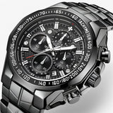 Luxe Sporthorloge voor Heren in Zwart Staal, Elegante Waterdichte Chronograaf