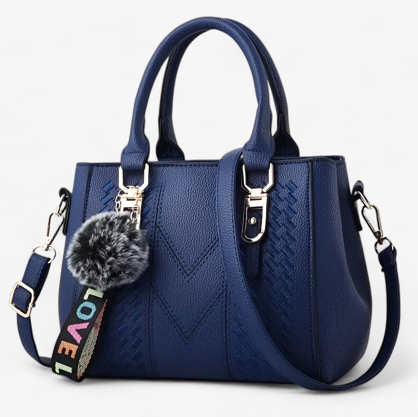 Borsa Messenger Donna Nera in Vera Pelle con Tracolla Regolabile e Pompon - blu scuro - bag bags borsa borsa messenger casual bag donna Gift Gifts for women Handbag messenger pelle pompon women bags womens fashion - Concept Palermo