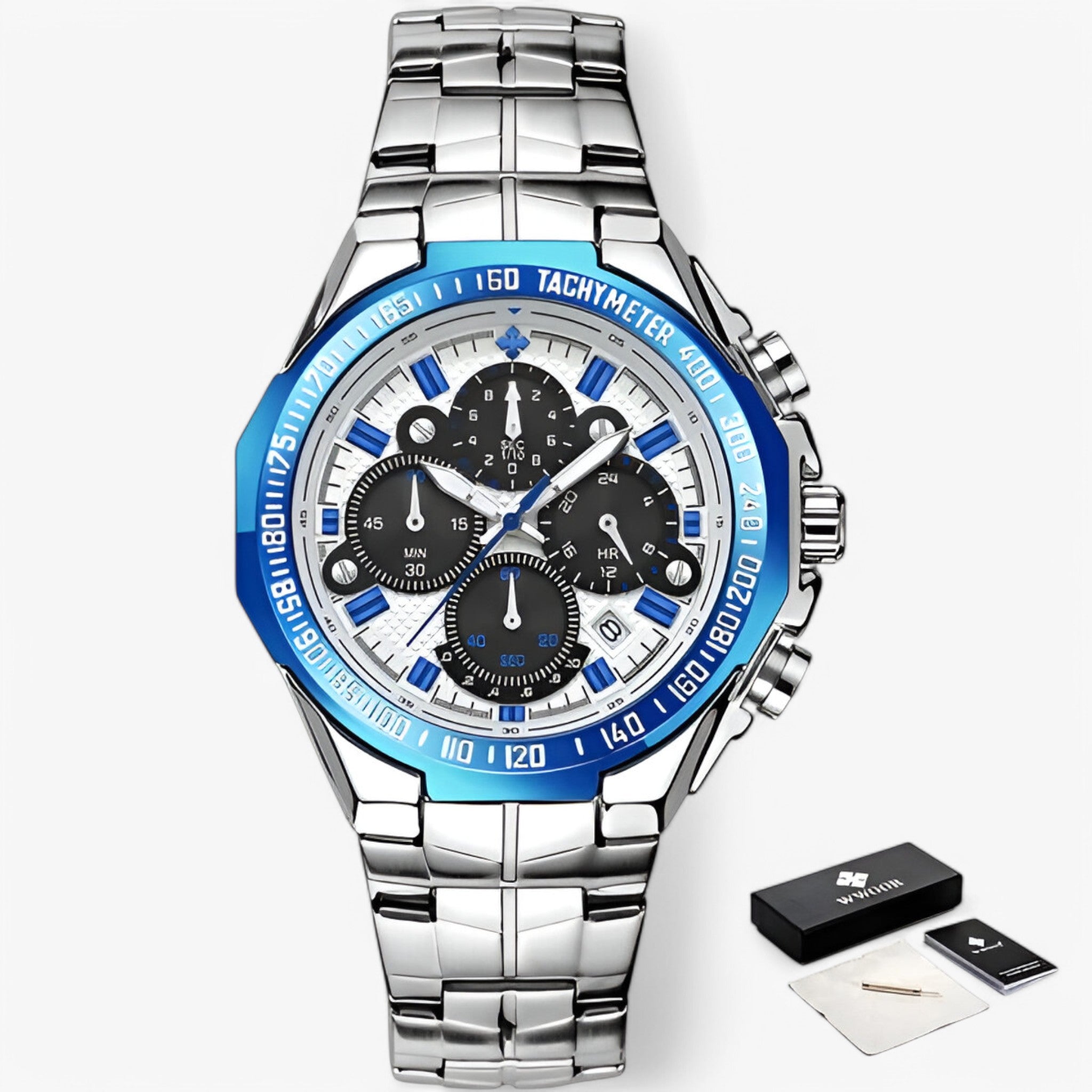Orologio Militare Cronografo in Acciaio - argento blu con scatola - accessoires acciaio cronografo horloges militare orologio orologio militare watches - Concept Palermo