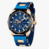 Waterdicht sporthorloge van blauw silicone met goudkleurige details