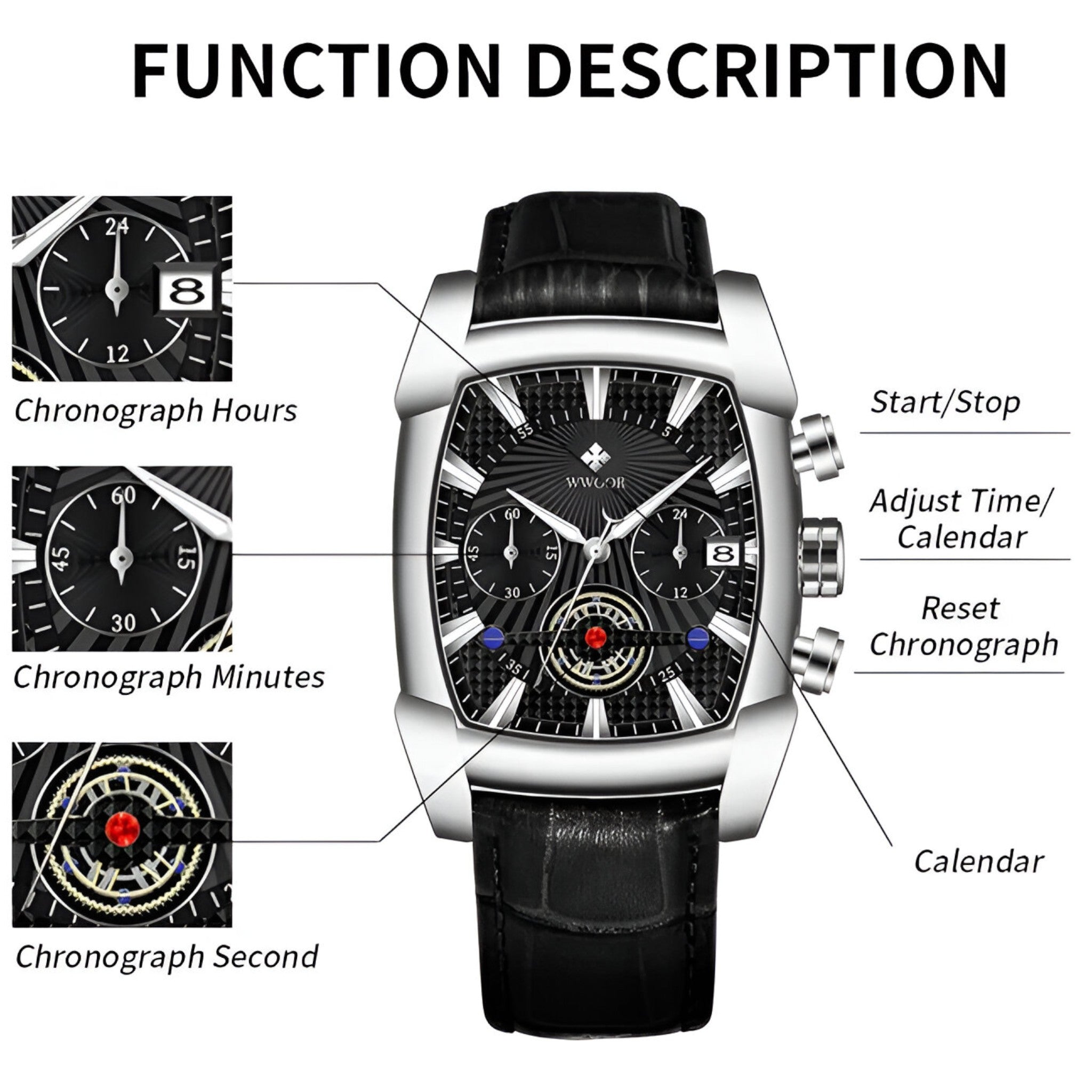 Orologio Sportivo Uomo Lusso in Pelle Nera Cronografo Impermeabile - - accessoires horloges orologio orologio sportivo pelle sport sportivo watches - Concept Palermo