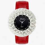 Leren horloge met zwarte wijzerplaat en strass Heren