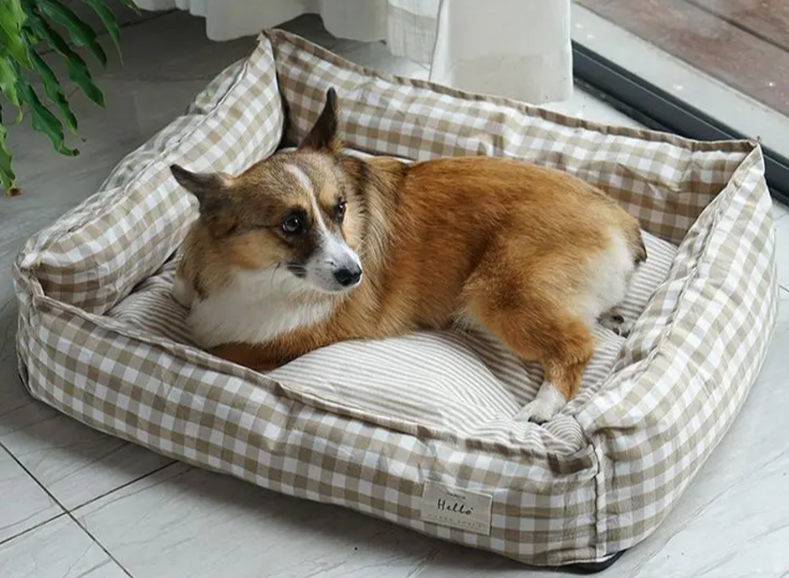 Letto per cani Fantasia a quadri beige - Morbido giaciglio - 100% Cotone