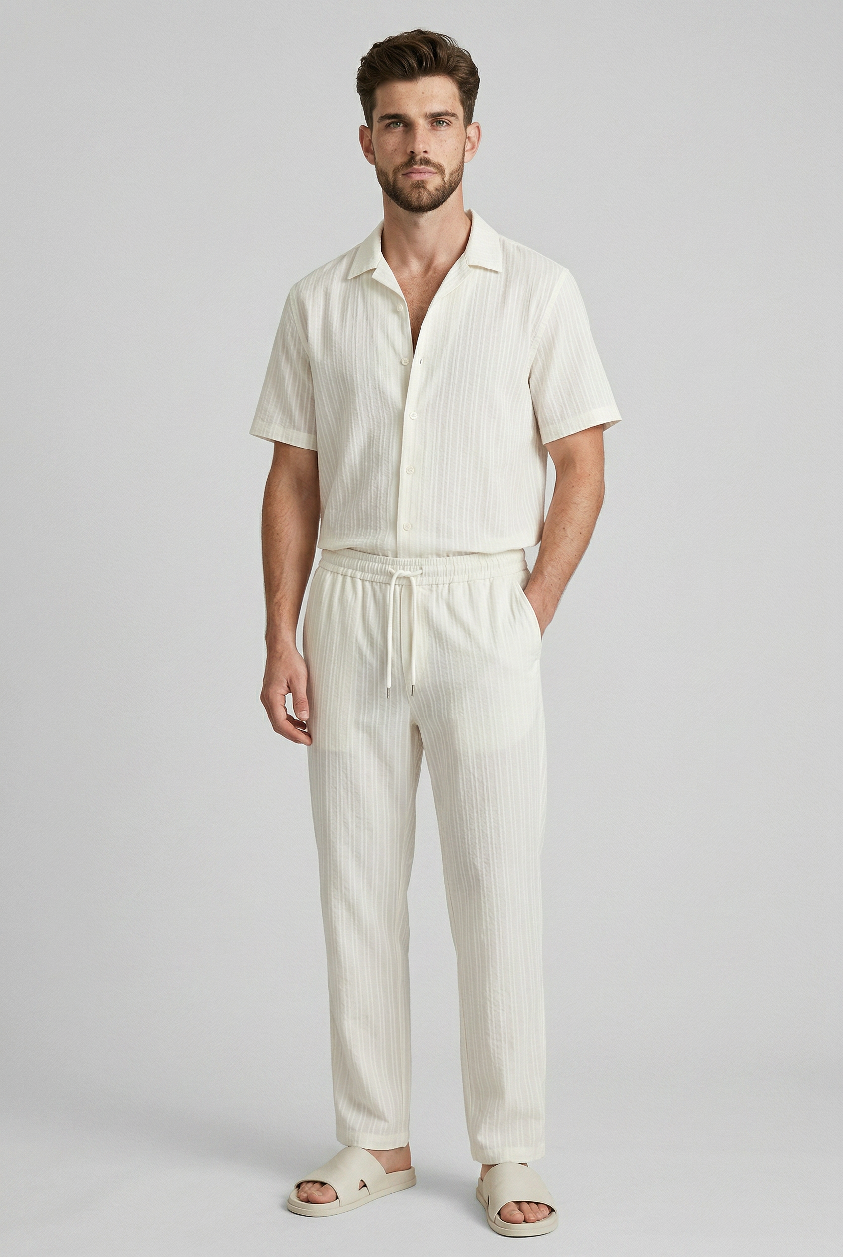 Completo Estivo Uomo Lino Casual: Camicia Maniche Corte & Pantaloni Coulisse Leggeri - - abbinati bottoni camicia completo completo composto composto corte coulisse suits suits and pants - Concept Palermo