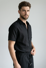Casual zomerset heren linnen: korte mouwen overhemd & lichte broek met trekkoord