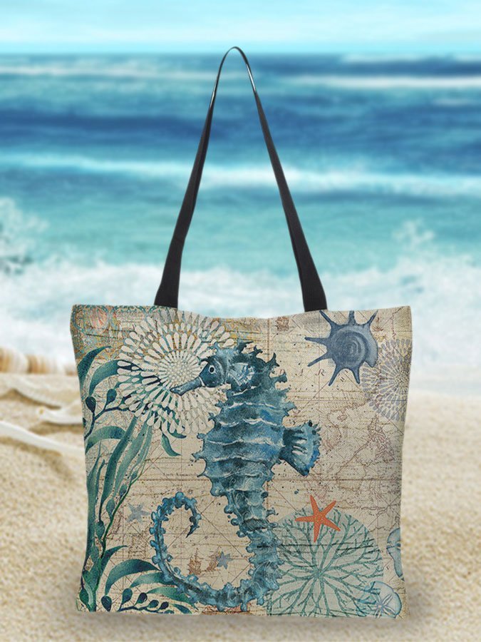 Borsa da spiaggia in lino con stampa sull'oceano Donna - Cavalluccio marino - bags borsa borsa spiaggia donna lino oceano shopper bags spiaggia stampa tote bag - Concept Palermo