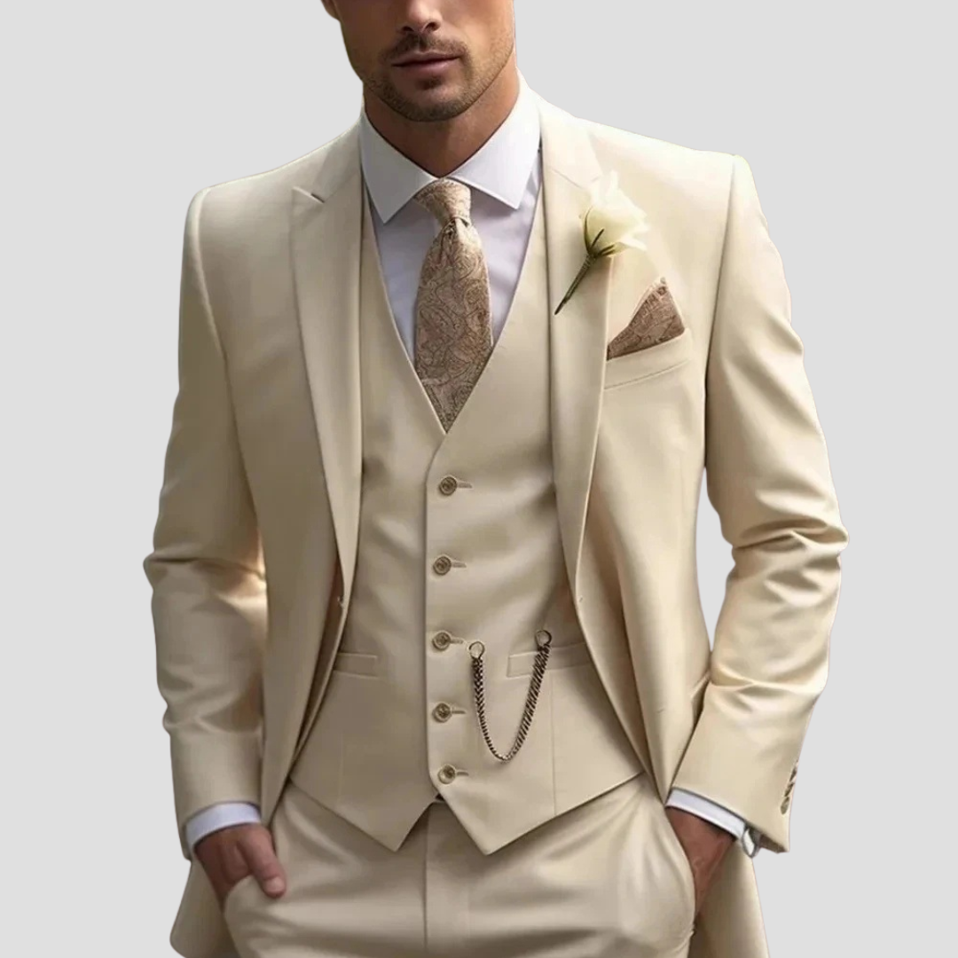 Abito Tricolore Slim Fit Mix Su Misura da Uomo per Matrimoni e Testimoni dello Sposo - Beige - abito uomo business attire completo slim fit dress suit elegant suit formal wear men's fashion men's suits slim fit suit sophisticated style tailored suit three-piece suit waistcoat wedding suit - Concept Palermo