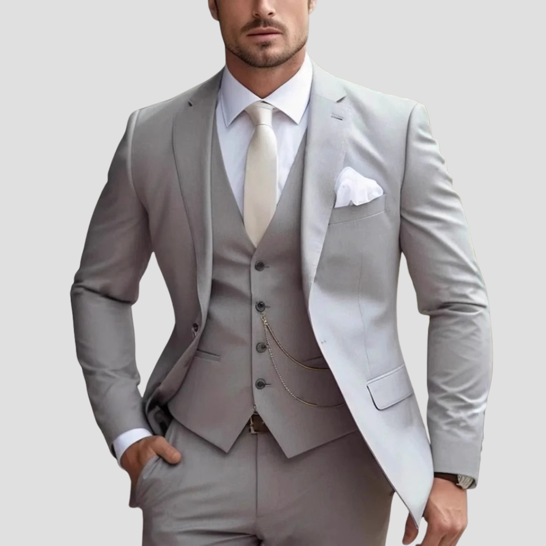 Abito Tricolore Slim Fit Mix Su Misura da Uomo per Matrimoni e Testimoni dello Sposo - Grigio Chiaro - abito uomo business attire completo slim fit dress suit elegant suit formal wear men's fashion men's suits slim fit suit sophisticated style tailored suit three-piece suit waistcoat wedding suit - Concept Palermo