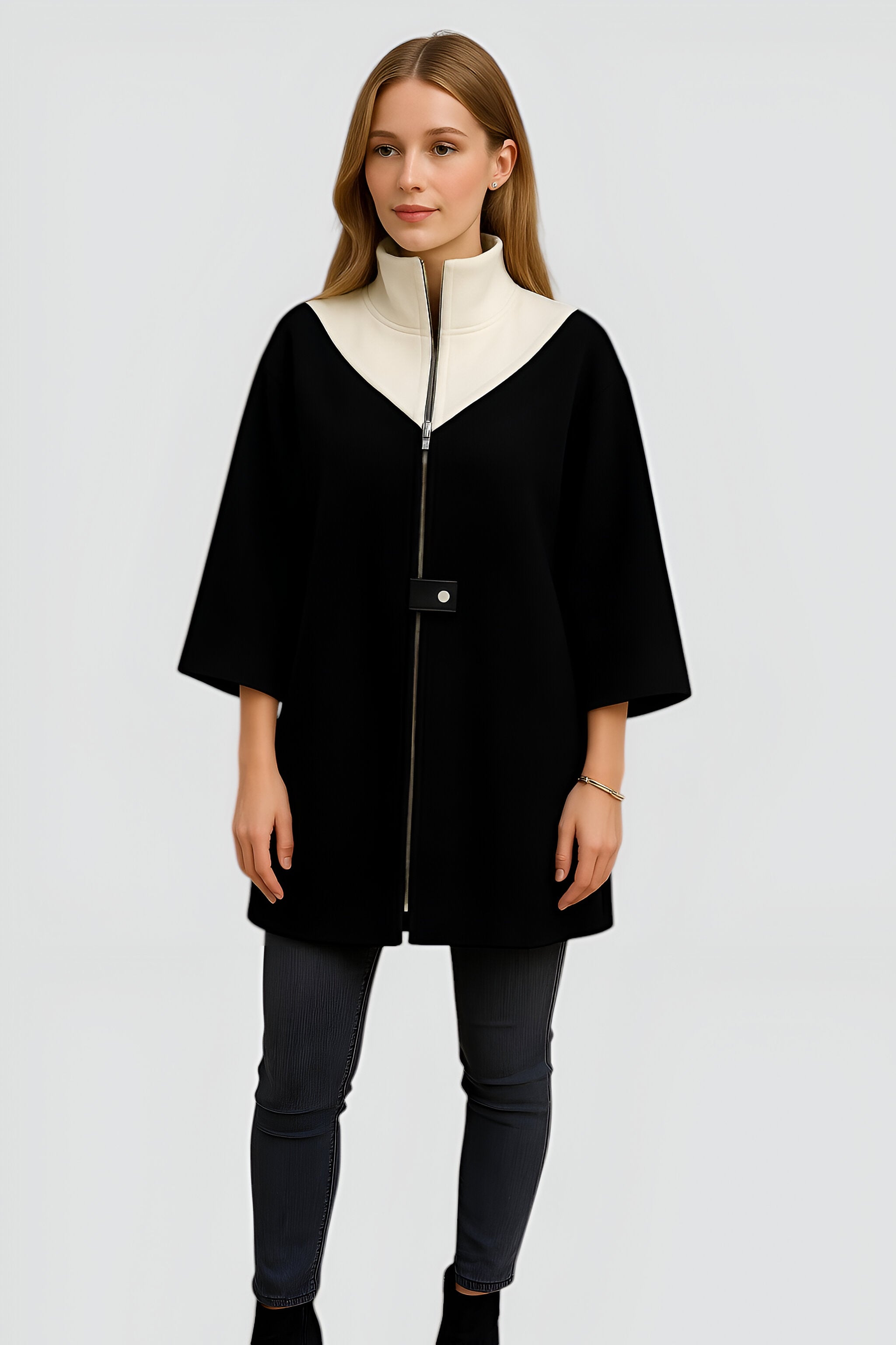 Cappotto donna in lana con zip - - cappotto cappotto donna donna lana Mode féminine Veste avec zip Veste bicolore Veste casual chic Veste col montant women's top clothes Élégante et confortable - Concept Palermo