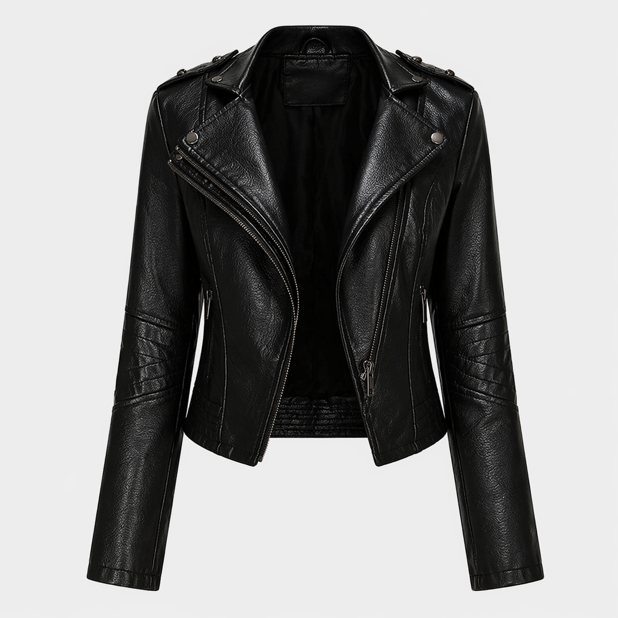 Giacca Biker Donna Nera in Poliestere - Stile Moto Elegante e Confortevole - Nero - collo collo alto donna giacca giacca asimmetrica giacca casual giacca da donna giacca elegante giacca in pelle giacca inverno giacca nera giacca pelle giacche da donna moda donna nera pelle pelle nera stile motociclista - Concept Palermo