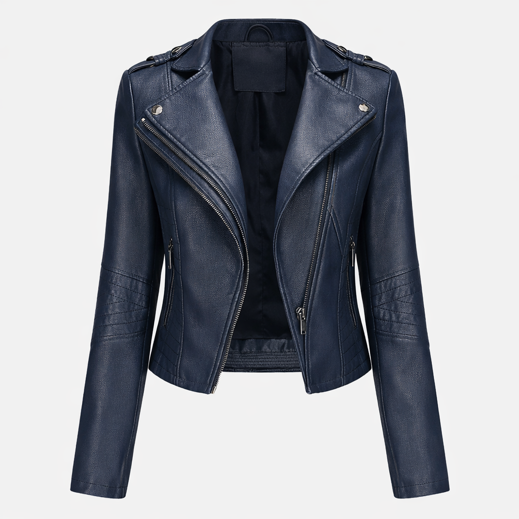 Giacca Biker Donna Nera in Poliestere - Stile Moto Elegante e Confortevole - Blu scuro - collo collo alto donna giacca giacca asimmetrica giacca casual giacca da donna giacca elegante giacca in pelle giacca inverno giacca nera giacca pelle giacche da donna moda donna nera pelle pelle nera stile motociclista - Concept Palermo