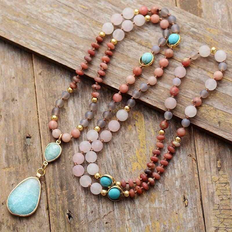 Collana Mala 108 Perle Donna, Amazzonite Azzurra Naturale & Quarzo Rosa per Yoga e Meditazione - - amazzonite collana collana perle colorata jewelry mala new_for_google_may perle profonda - Concept Palermo