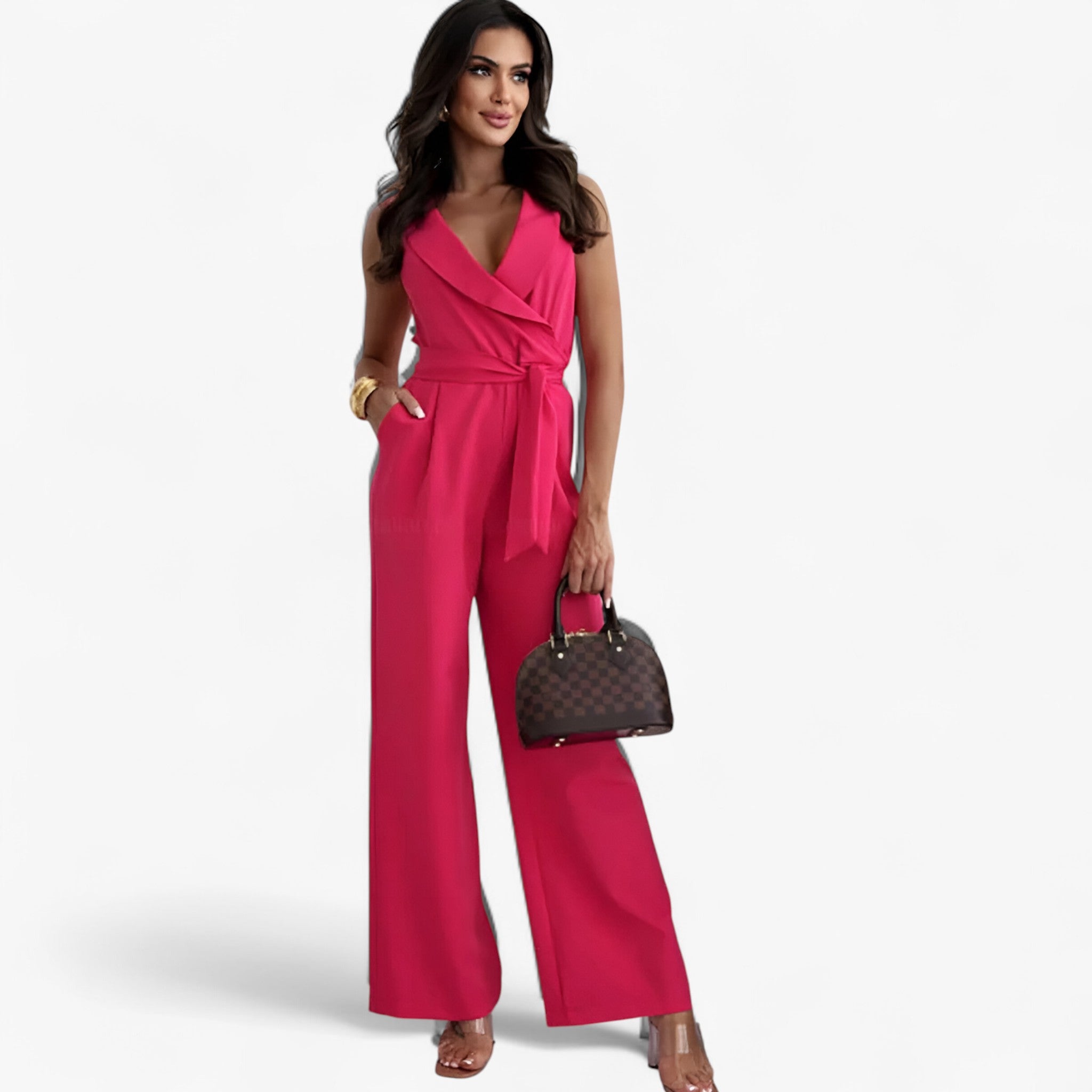 Tuta Elegante Nera Donna Sciancrata con Pantaloni Larghi, Senza Maniche e Cintura - Rosa - cintura larghi maniche one-pieces pantaloni robes tuta tuta maniche women clothes women set clothes - Concept Palermo