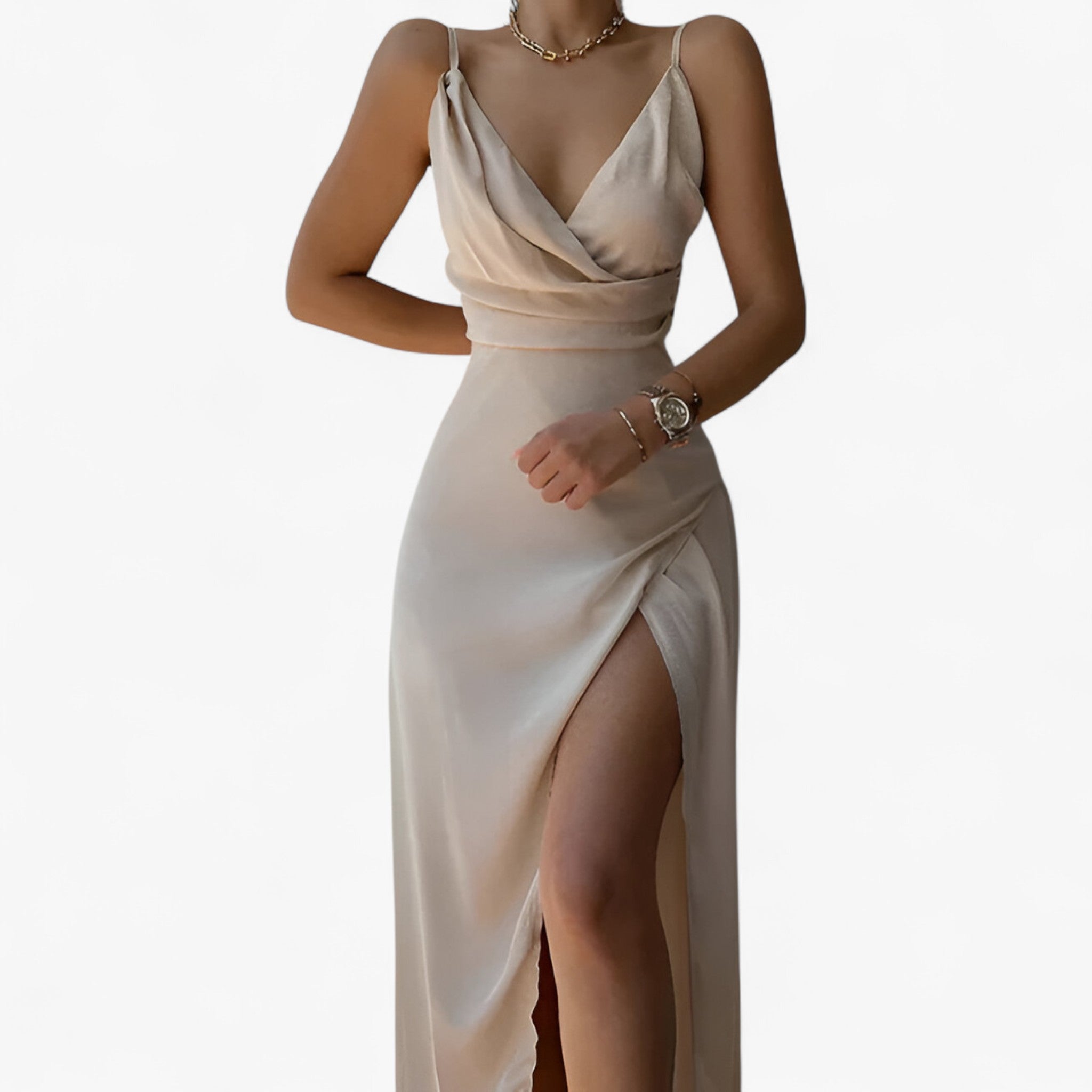 Abito Elegante Donna in Raso Satinato con Scollo a Cascata e Spalline Sottili - Beige - abito abito con alto spacco abito da matrimonio abito donna abito elegante abito serale abito versatile cascata donna dresses look raffinato outfit femminile satin scollo stile elegante vestito con scollo a cascata vestito in satin - Concept Palermo