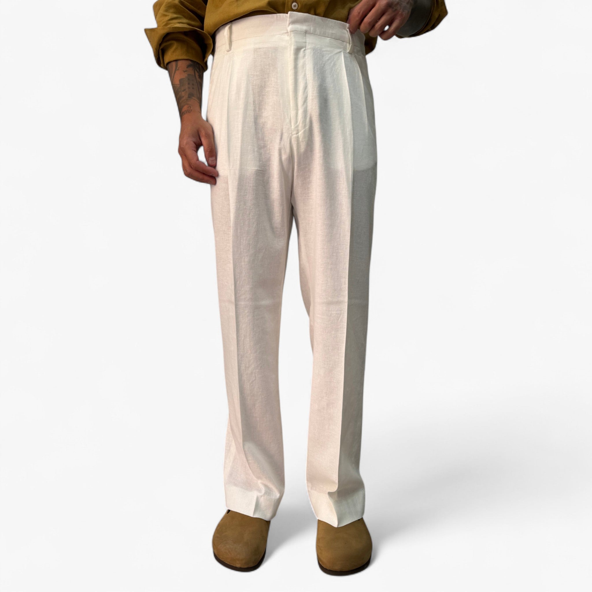 Pantaloni da uomo in lino - Bianco - abbigliamento estivo lino moda maschile pantaloni pantaloni con doppie pince pantaloni eleganti pantaloni estivi pantaloni in lino pantaloni leggeri pantaloni traspiranti pantaloni uomo pants stile elegante uomo - Concept Palermo