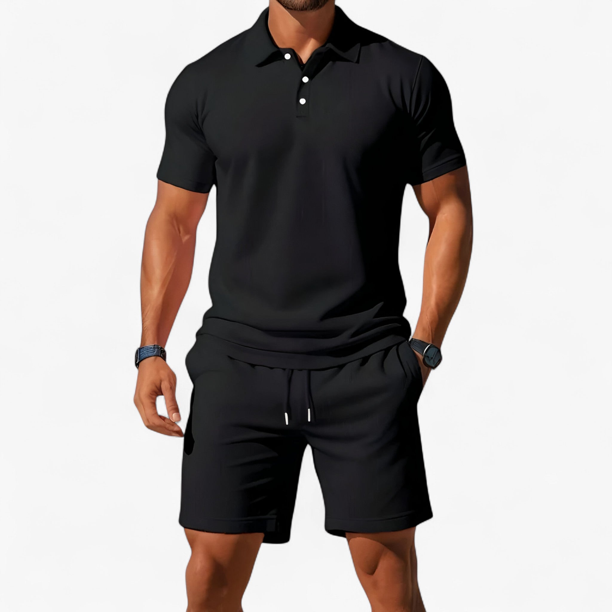 Set Polo Uomo Estivo Traspirante in Cotone Leggero - Nero - abbigliamento estivo colori estivi estivo maniche corte polo moda maschile outfit sets polo polo di cotone polo estivo polo per il tempo libero polo slim fit polo uomo estiva stile casual tessuto traspirante traspirante uomo - Concept Palermo