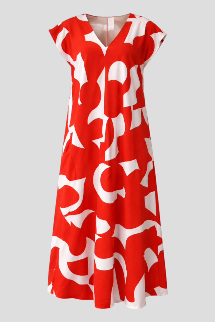 Vestito Lungo Donna Estivo in Viscosa con Fantasia Floreale Astratta Elegante S-XL - Rosso - abito abito donna abito estivo abito lungo abito maxy astratta donna dresses materiale leggero maxy moda femminile scollatura a V stampa stampa astratta stile artistico taglie disponibili vestibilità comoda - Concept Palermo