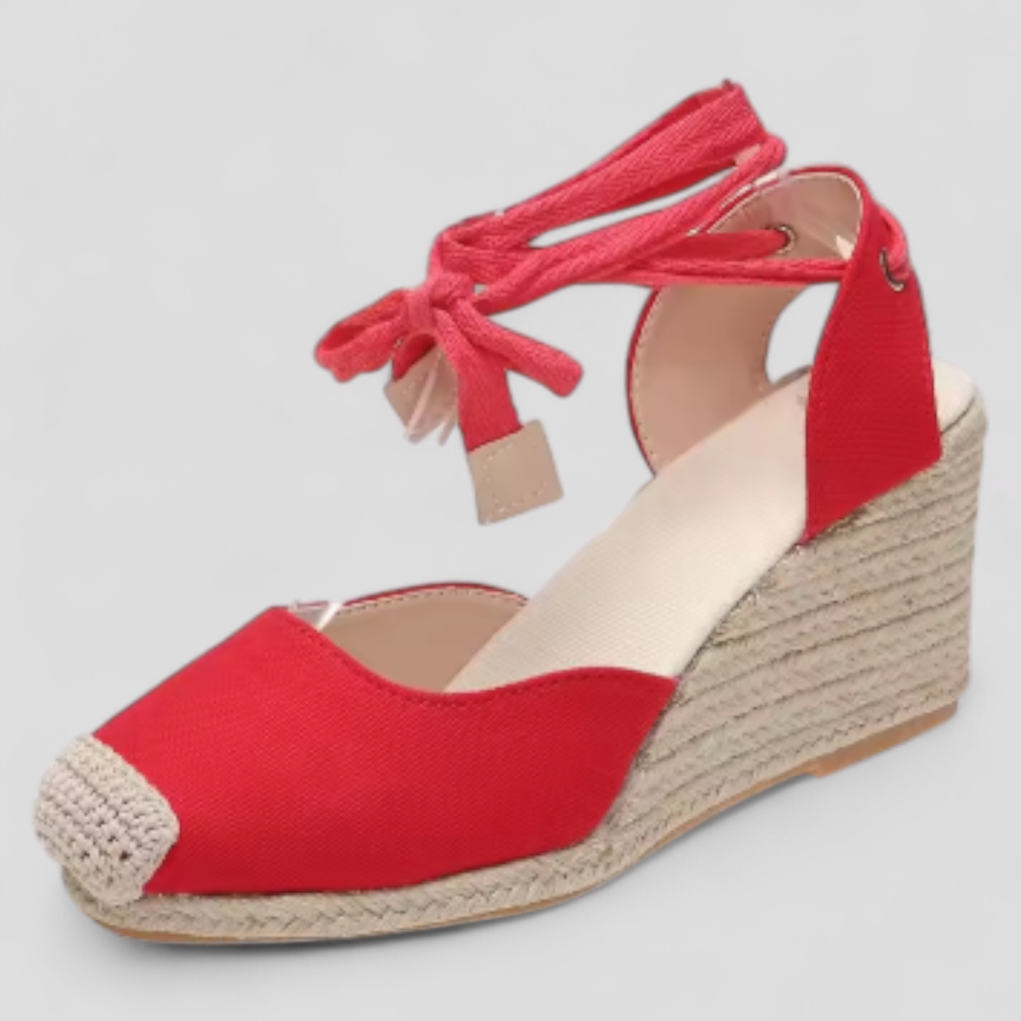 Espadrillas Zeppe Estive con Lacci alla Caviglia Donna in Tela Beige - Rosso - Accessoires alla caviglia Dames espadrillas estive lacci Sandalen Schoenen stile zeppe zeppe estive - Concept Palermo