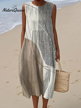 Robe Femme Asymétrique et Unique - Élégante et Tendance | Style Chic - Beige graphique - asymétrique cross-from-marche-lino-15884932776285 femme Linen mode artistique mode contemporaine mode féminine New-google robe robe asymétrique robe femme robe sans manches robe unique robe élégante robes décontractées Solid style moderne tenue quotidienne vêtements légers Women - Concept Palermo