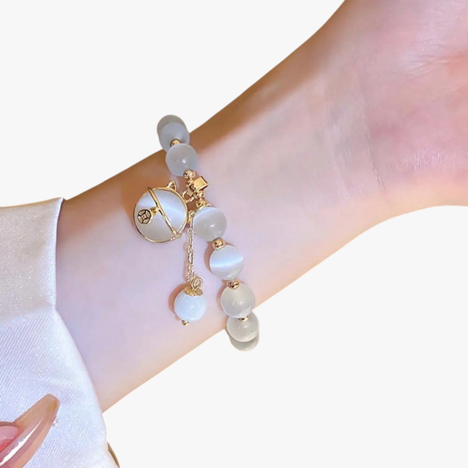 Bracciale con perline di opale e ciondolo a forma di gatto portafortuna, regalo e regolabile Donna - - bracciale bracciale perline BRACELET BRACELET FOR WOMEN BRACELETS bracelets for women ciondolo donna forma gatto jewelry opale - Concept Palermo