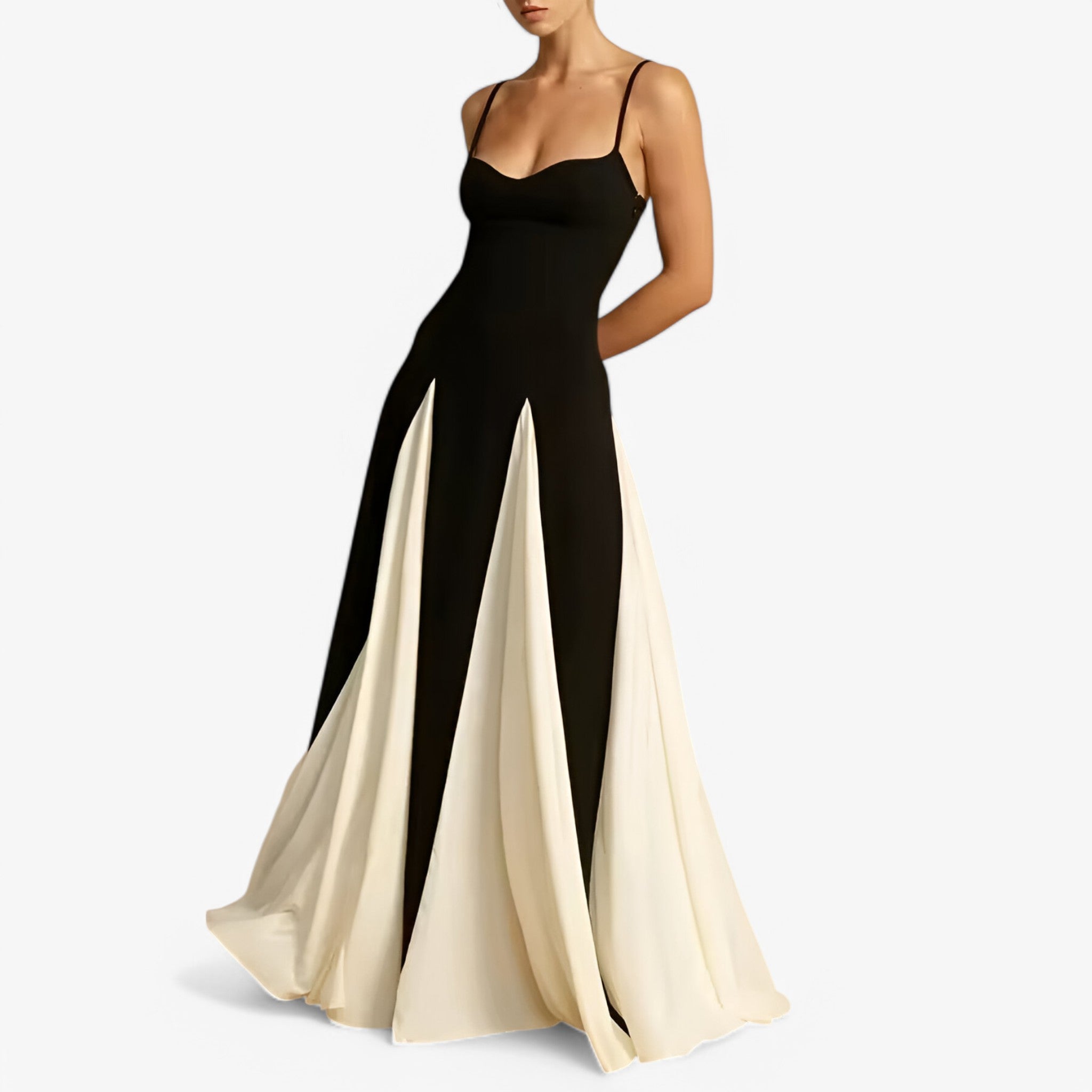 Abito da Sera Donna Elegante Spalle Scoperte, Vestito Lungo Cerimonia in Raso Nero - Bianco - abito abito sera donna dresses scoperte sera spalle - Concept Palermo