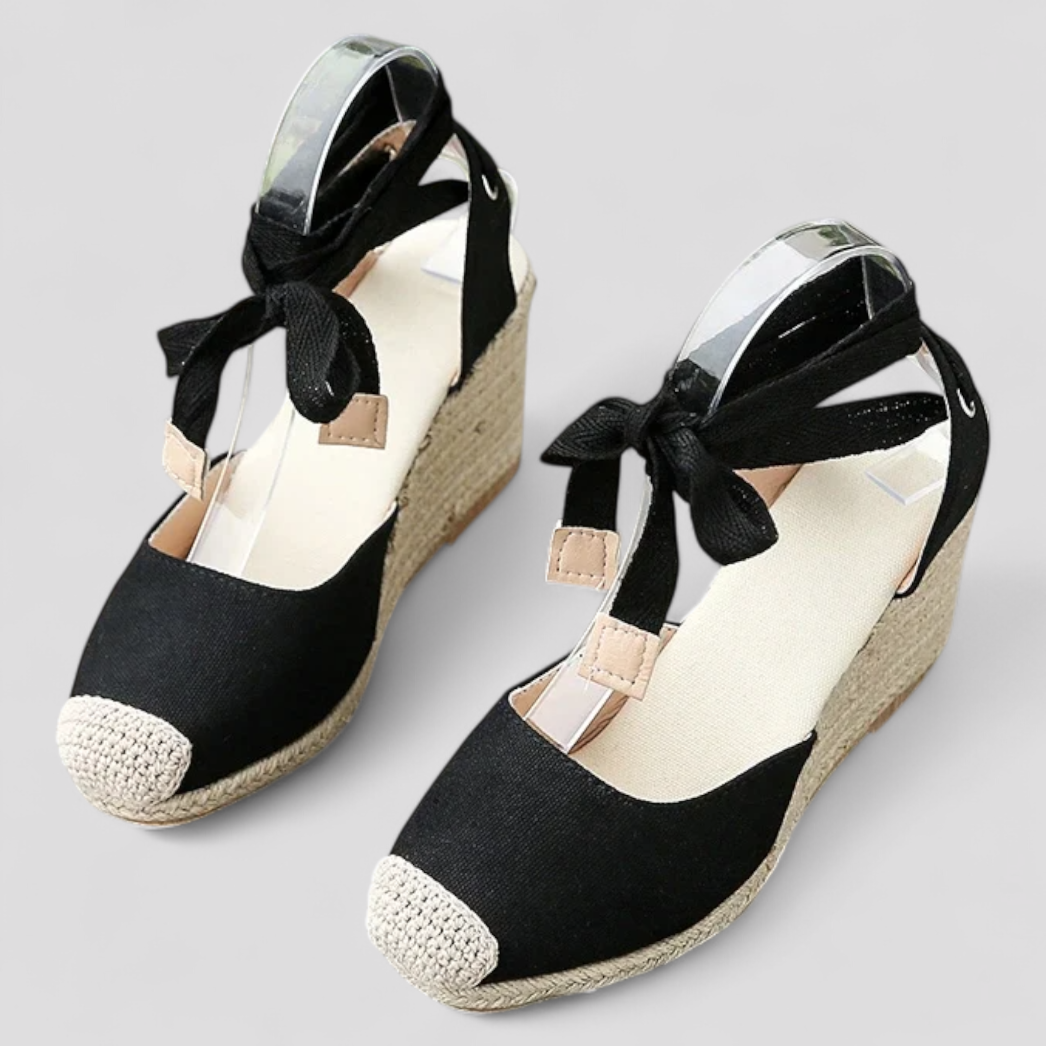 Espadrillas Zeppe Estive con Lacci alla Caviglia Donna in Tela Beige - - Accessoires alla caviglia Dames espadrillas estive lacci Sandalen Schoenen stile zeppe zeppe estive - Concept Palermo