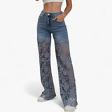 Dames jeans van denim met bloemenkant patches - skinny fit