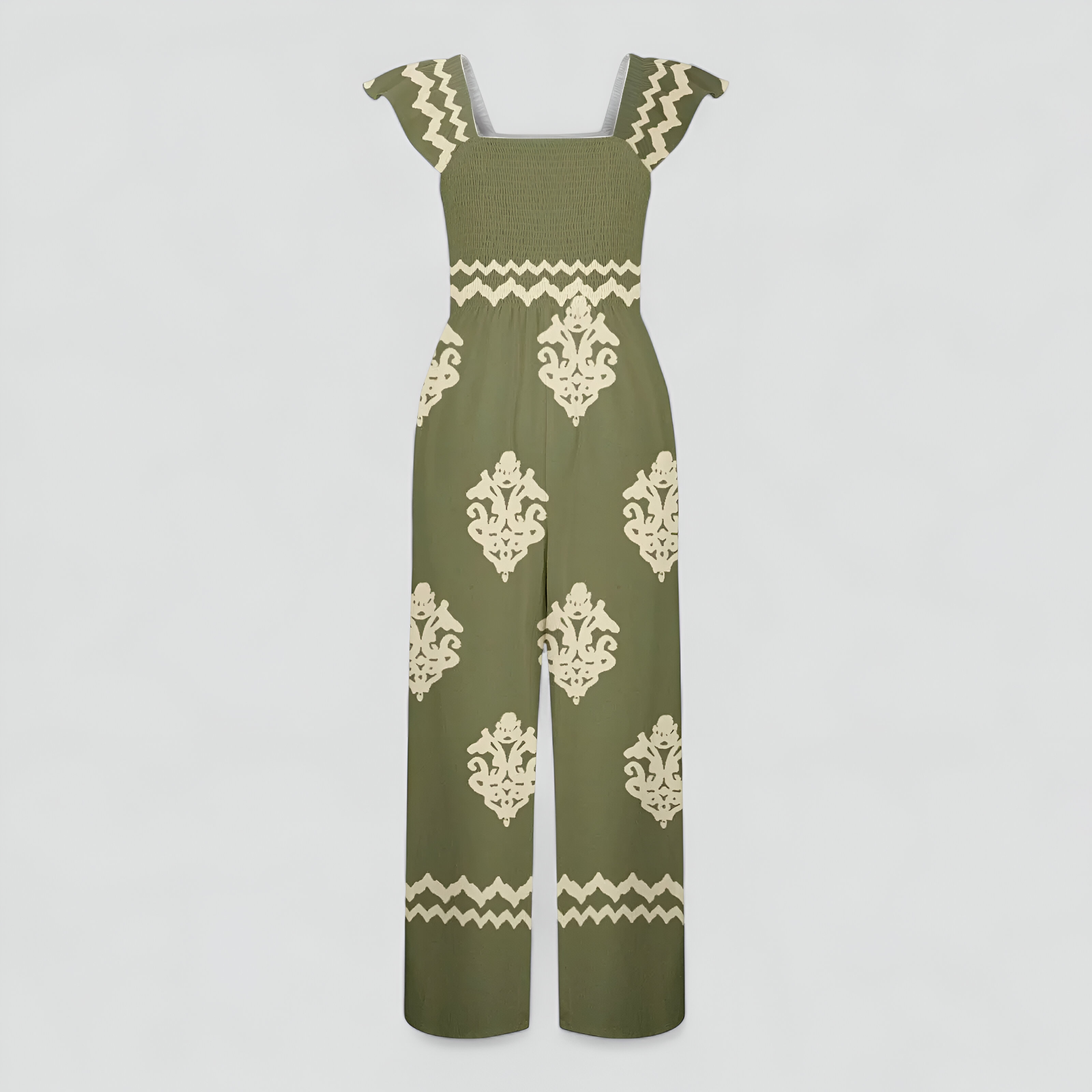Tuta Donna Bohemien a Vita Alta Gamba Larga - verde militare - abbigliamento casual alta bohemien donna gamba larga moda estiva one-pieces stile vintage tuta tuta a vita alta tuta bohemien tuta con maniche a cappuccio tuta donna tuta elegante tuta gamba larga tuta leggera - Concept Palermo