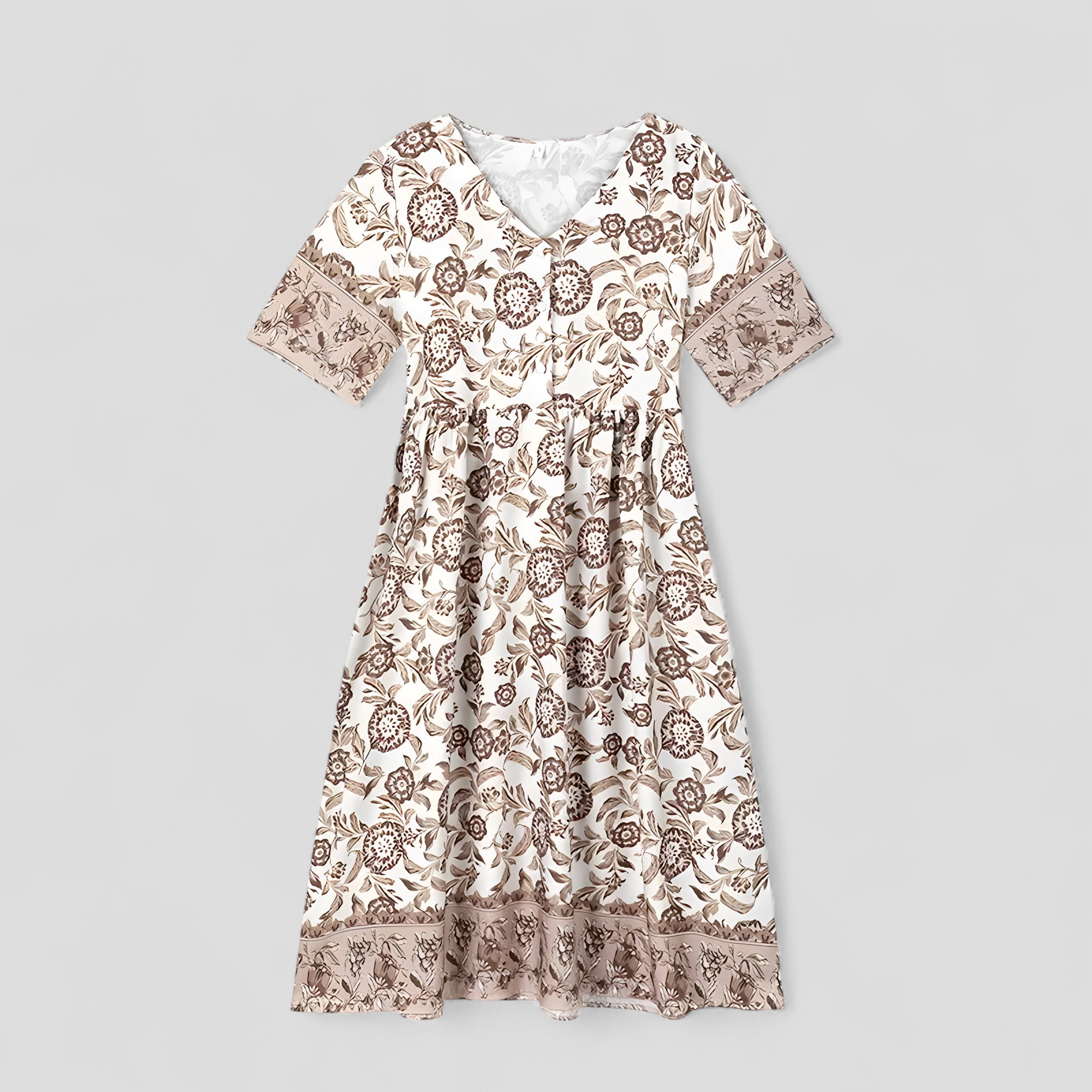 Abito Estivo Donna Con Stampa Floreale - Beige - abito abito elegante abito estivo abito floreale donna dresses estivo fashion estate floreale moda femminile scollo a V stampa stile estivo tessuto leggero vestito comodo vestito lavabile - Concept Palermo