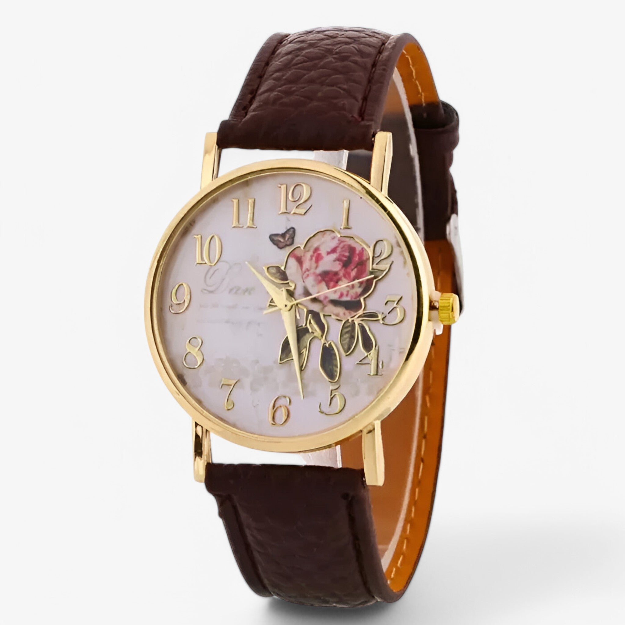 Orologio con fiore di rosa e cinturino in similpelle - Marrone - cinturino female watch fiore orologio orologio fiore similpelle watch for women watches - Concept Palermo