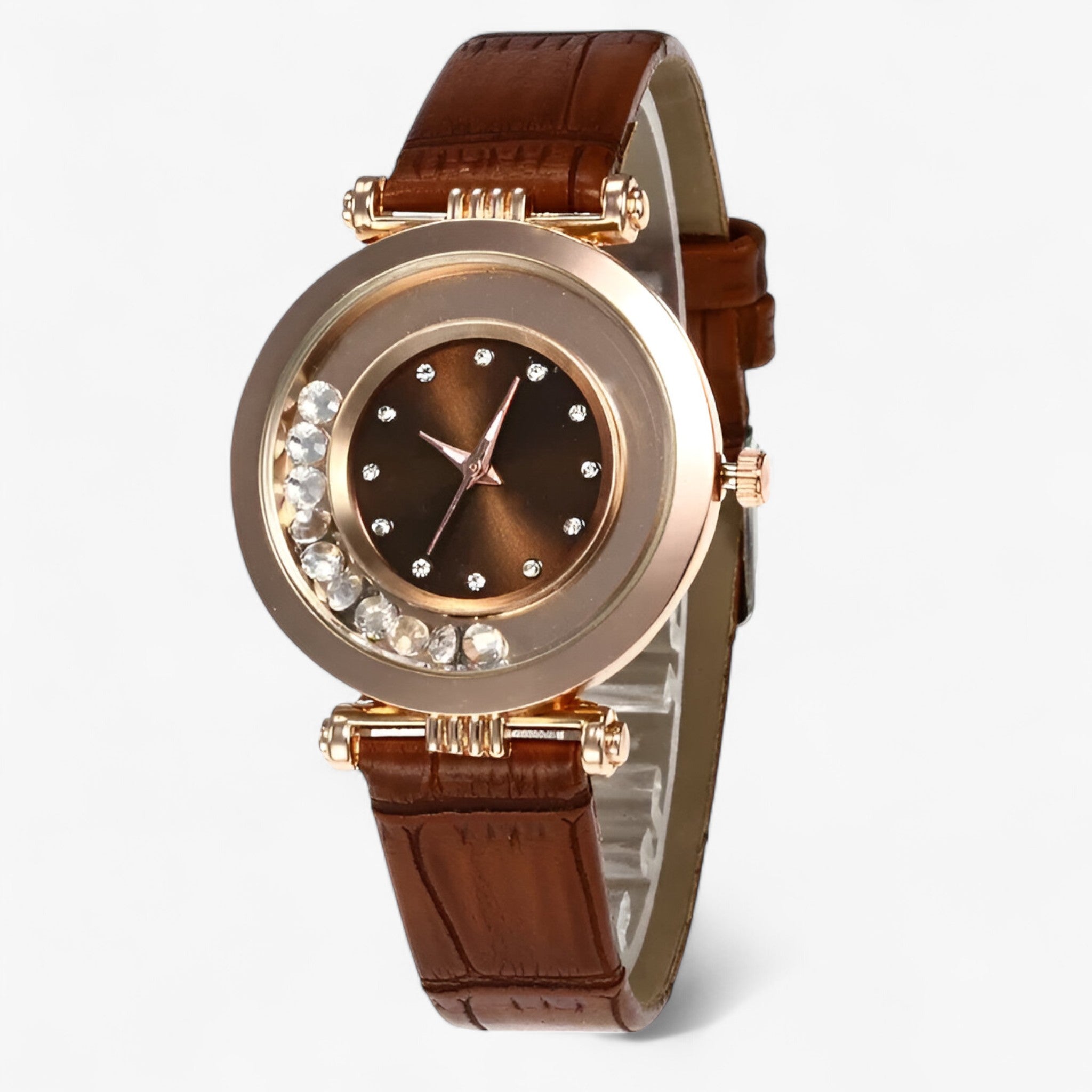Orologio da donna con cinturino in pelle e fibbia con strass - Marrone - accessoires cinturino donna fibbia horloges orologio orologio donna pelle strass watches - Concept Palermo