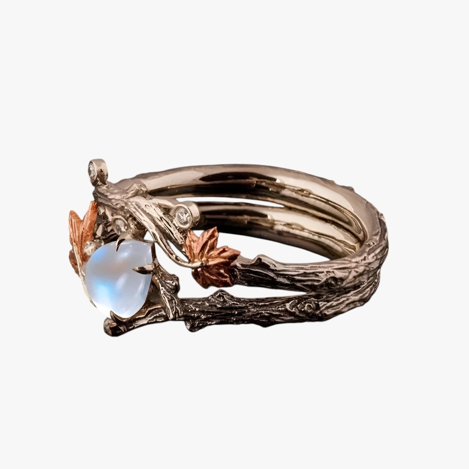 Anello in oro con foglia - Ciondolo senza tempo con scintillio di pietra di luna - - anello anello foglia ciondolo foglia jewelry luna pietra Rings scintillio womens ring - Concept Palermo