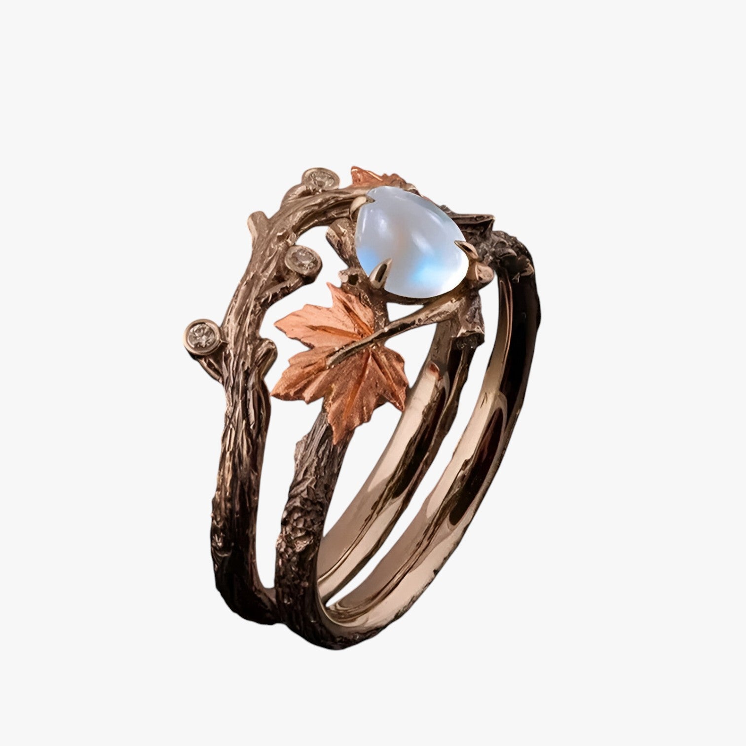 Anello in oro con foglia - Ciondolo senza tempo con scintillio di pietra di luna - Titolo Standard - anello anello foglia ciondolo foglia jewelry luna pietra Rings scintillio womens ring - Concept Palermo