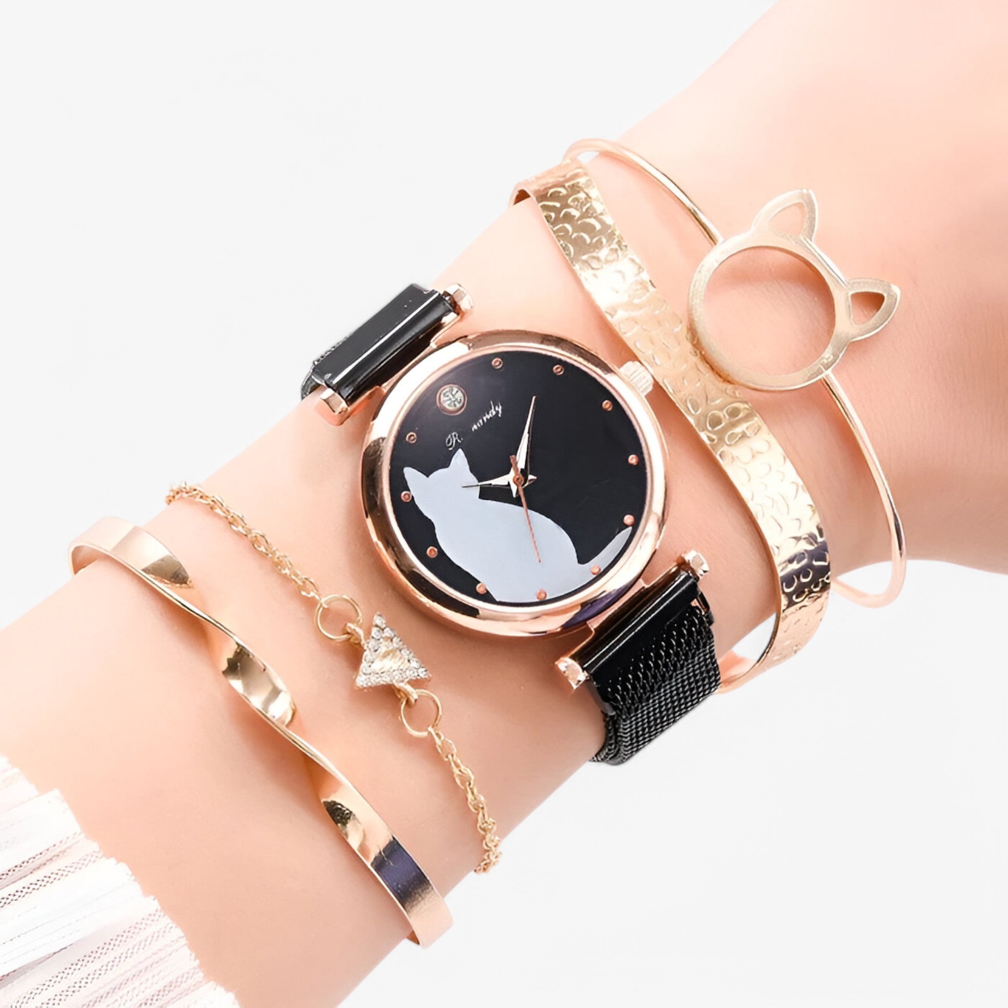 Orologio da donna con quadrante a forma di gatto e cinturino in maglia – Set da 5 pezzi - - cinturino donna female watch forma gatto maglia orologio orologio donna pezzi watch for women - Concept Palermo