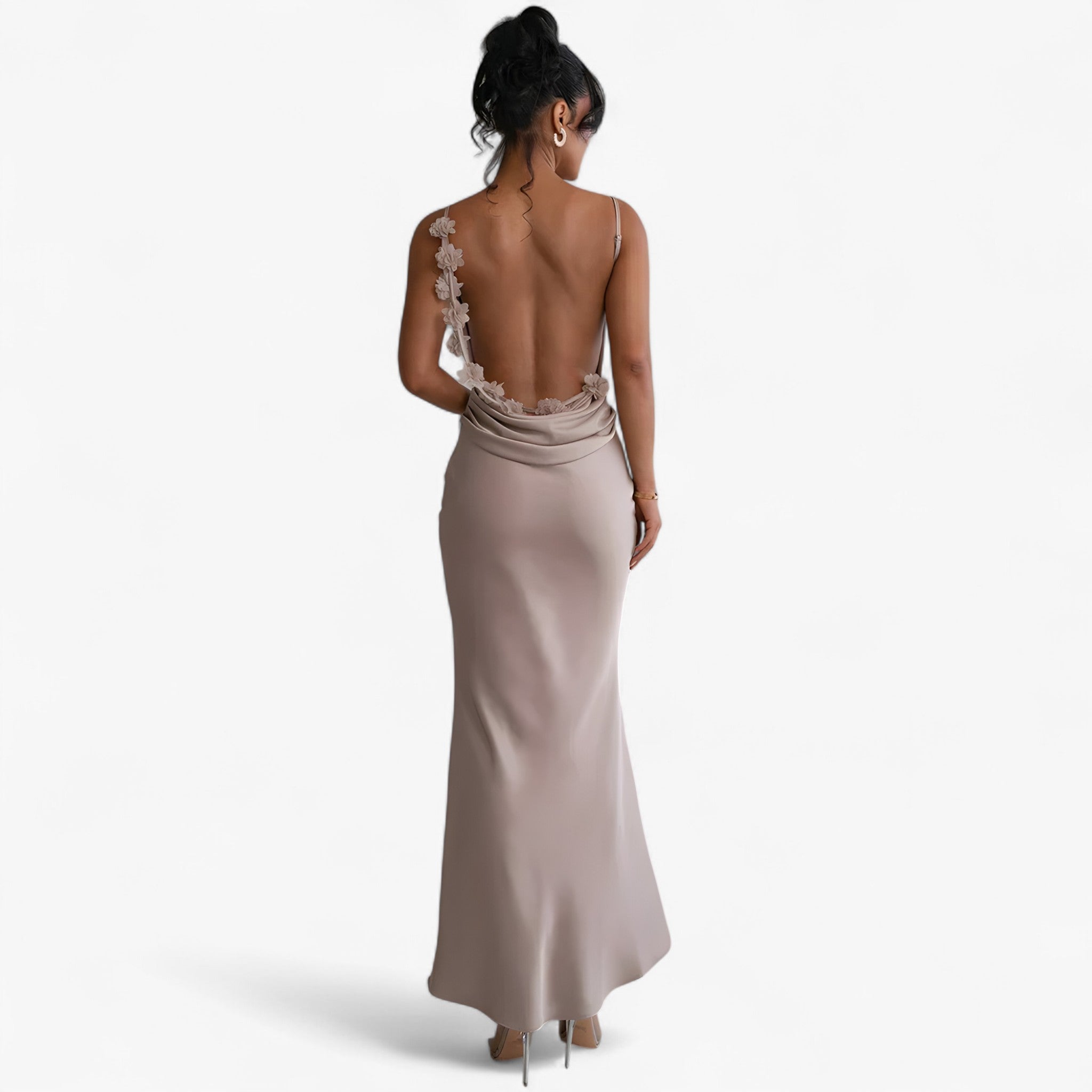 Maxivestito Floreale Donna con Schiena Scoperta Elegante in Pelle - Albicocca - donna dresses floreale maxivestito maxivestito floreale pelle schiena - Concept Palermo