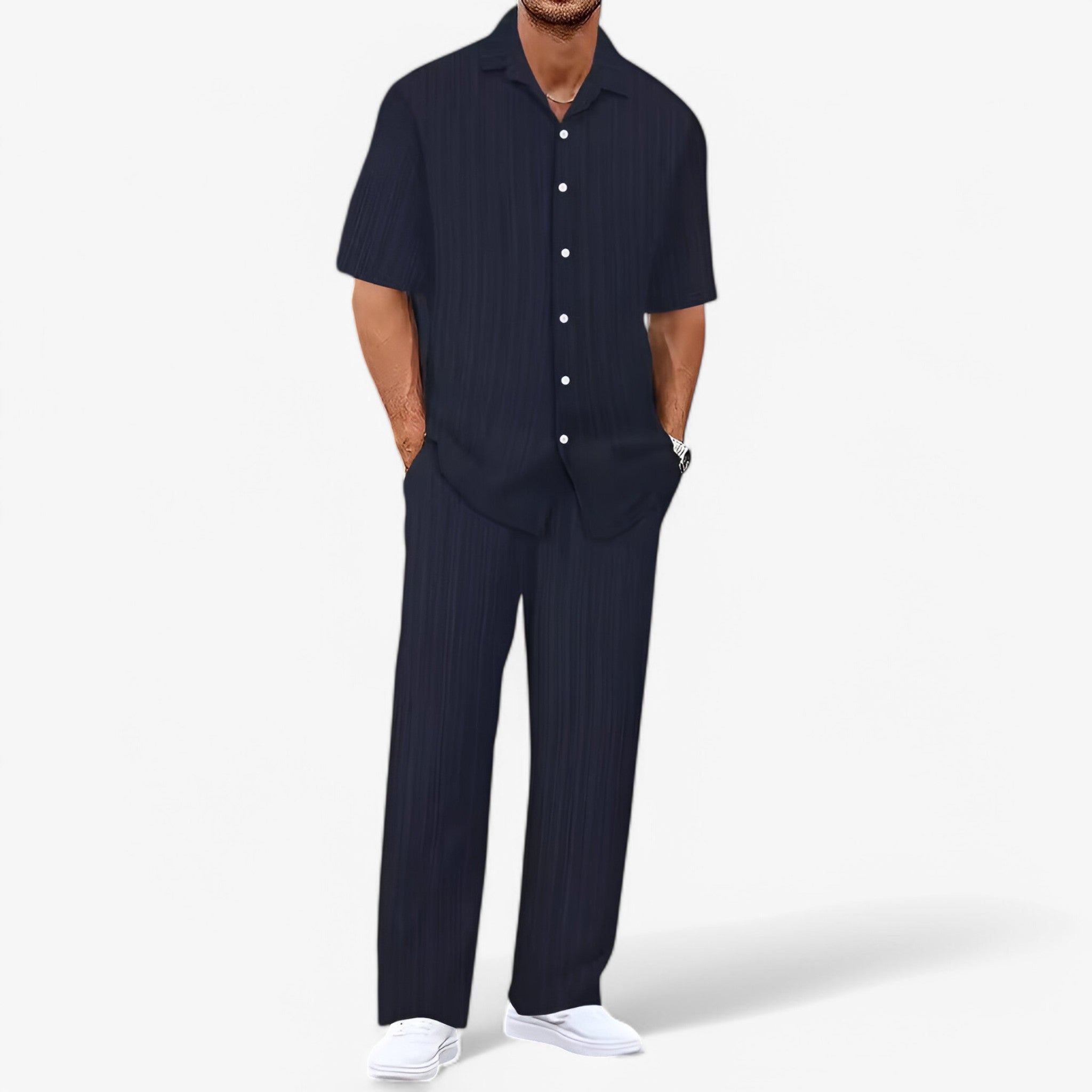 Completo Uomo Business Casual: Camicia Elegante e Pantaloni Slim Fit - Blu navy Confezione da 1 - business camicia camicia pantaloni casual outfit sets pantaloni uomo - Concept Palermo
